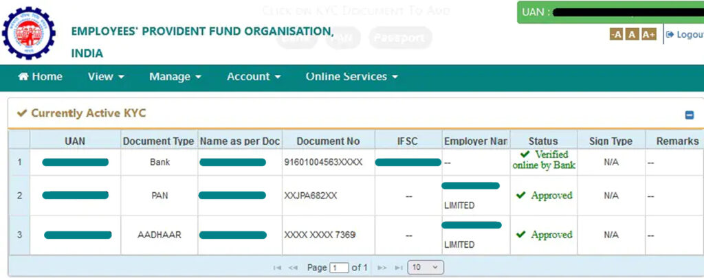 UAN and Adhaar KYC Status  